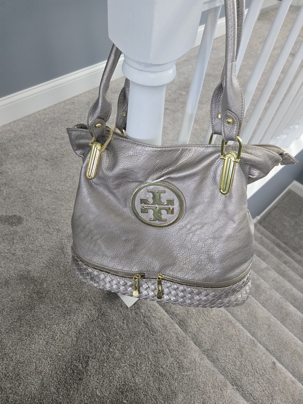 Metallic Grey Leather Tote with Gold Accents